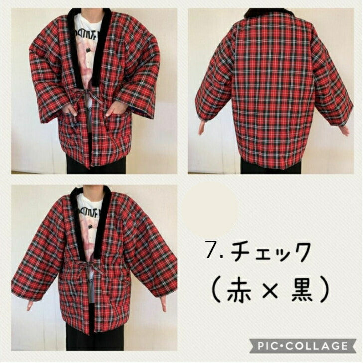 はんてん 半纏 チェック (レッド/ブラック/オレンジ) 部屋着 ルームウェア メンズ/レディース/フリーサイズ あったか 防寒 ギフト