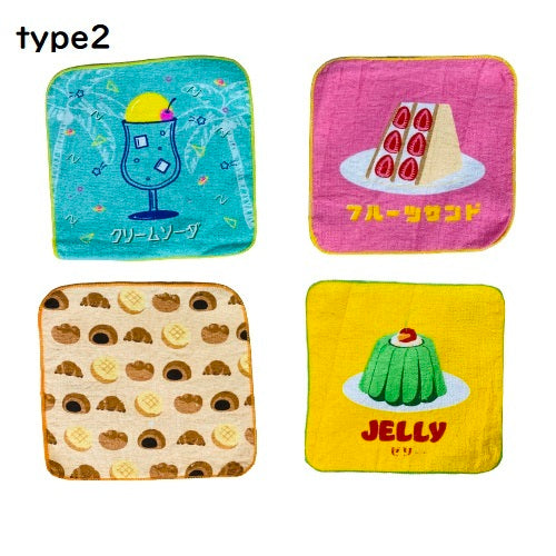 レトロおやつ ミニタオル 4枚セット ハンカチ 20×20cm (パン プリン コーヒー牛乳)