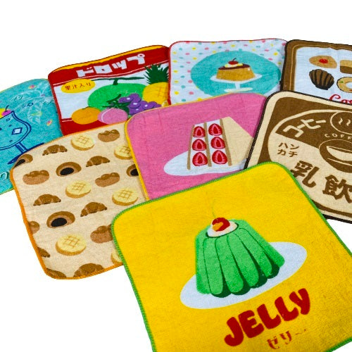 レトロおやつ ミニタオル 4枚セット ハンカチ 20×20cm (パン プリン コーヒー牛乳)