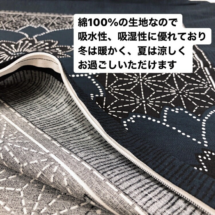 【5枚組】桜柄日本製綿100%クッション＆座布団カバー 55×59cm（ネイビー/ブルー）銘仙判